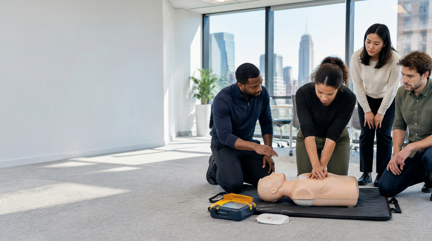 Illustrative scene of workplace colleagues practicing CPR and AED skills in an office